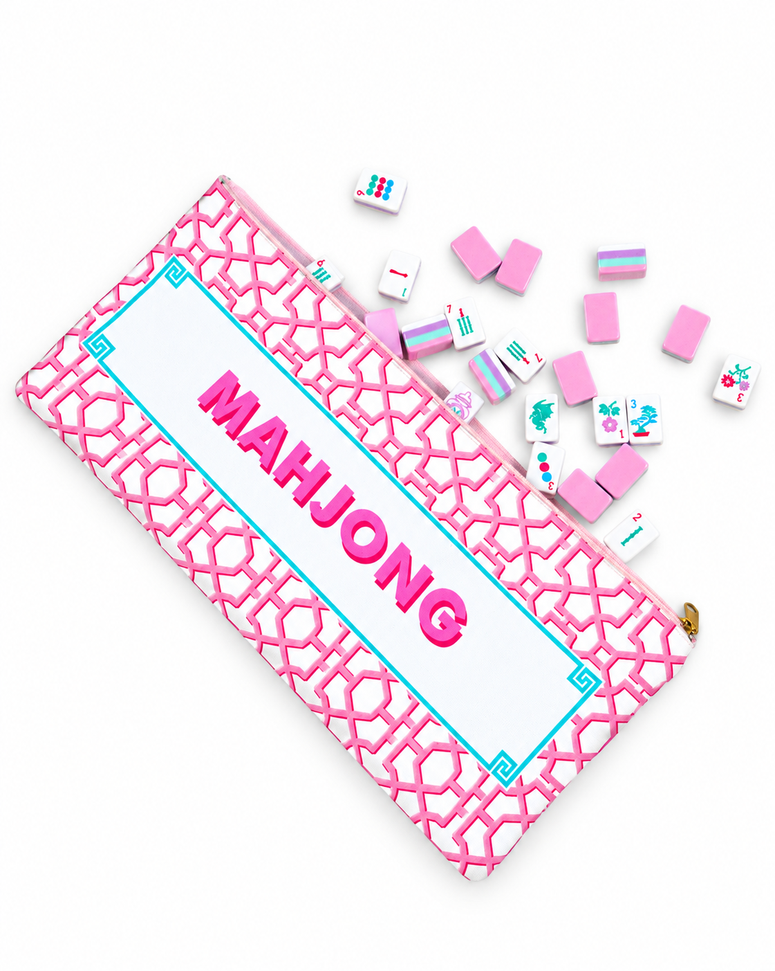 Printed Pink Mahjong Tiles Zip Pouch