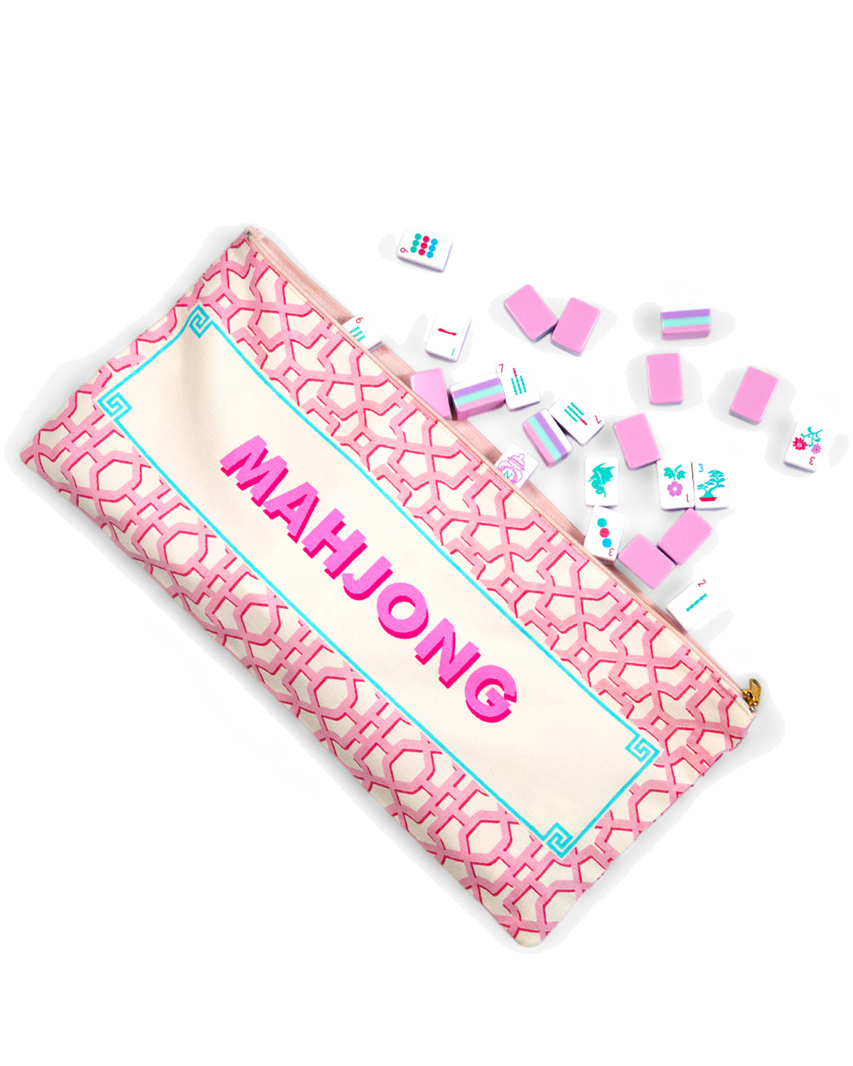 Printed Pink Mahjong Tiles Zip Pouch
