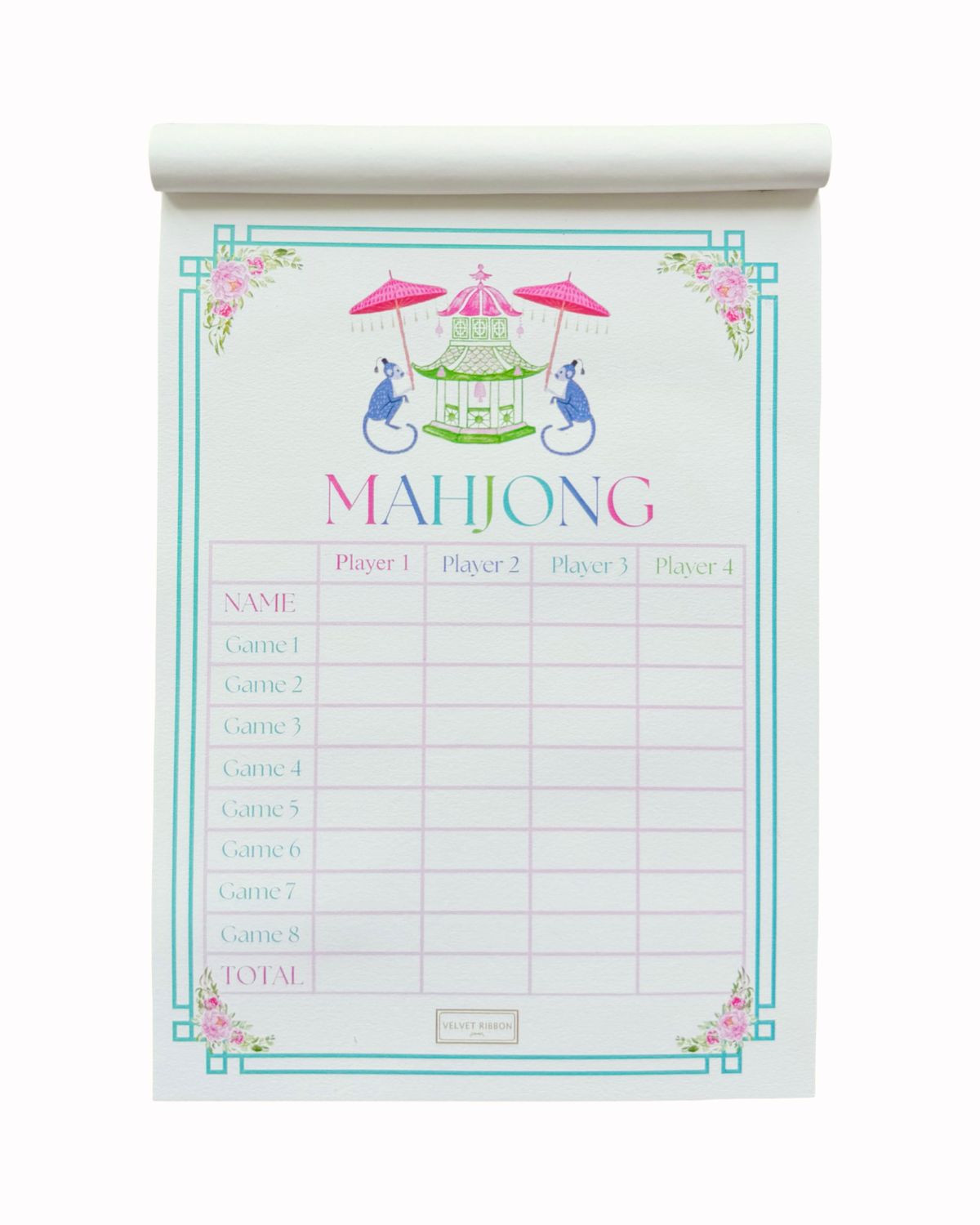 A mahjong scoring board featuring a decorative illustration of blue birds under pink umbrellas, the word 'MAHJONG' in pink and blue, and a grid for tracking player scores and game results.